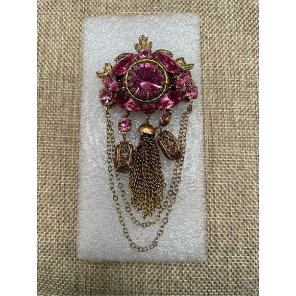 Vintage  Russian Soviet Bronze Beautiful Lacy Women's Brooch Pendant Flower Pink - Picture 2 of 9
